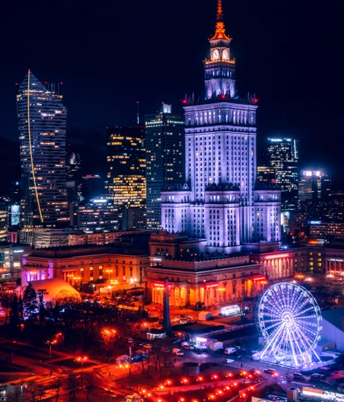 Colorful picture of Warsaw city center by night